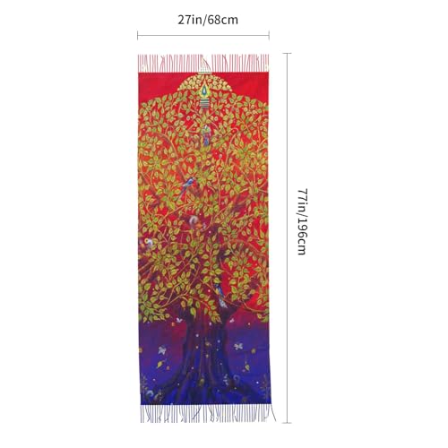 Sacred Bodhi Tree Of Life Themed Eastern Ancient Growth Ethnic Artwork Print Women'S Faux Cashmere Tassel Shawl Warm Soft Poncho Scarf Oversized Blanket Scarf For Fall Winter