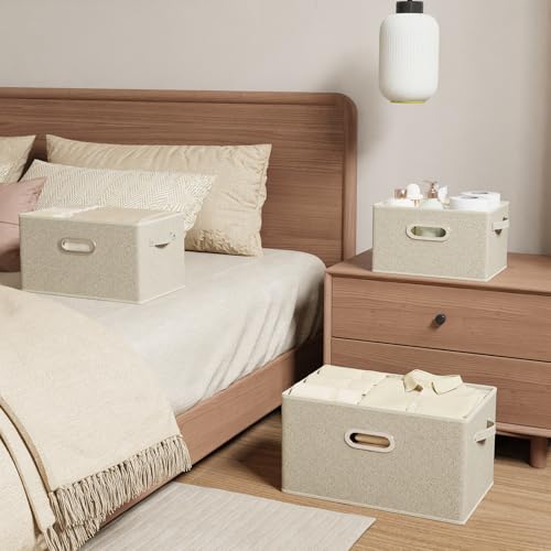 Open Storage Baskets, Collapsible Cube Bins, Fabric Container Organizer with Metal Handles, Boxes for Shelves, Closet, Living Room, 13x9.1x7.9in, Grey and Beige, 2 Pack
