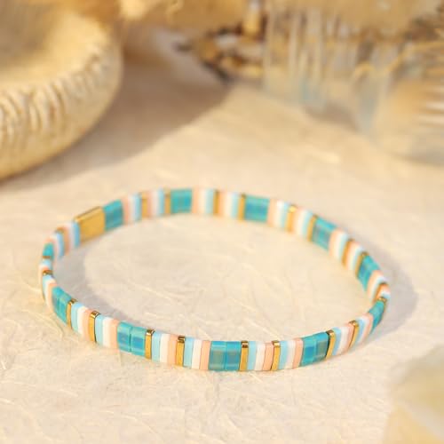 Tila Flat Beaded Stretch Bracelets for Women, Trendy Unique Handmade Stackable Green Blue Square Beads Miyuk Link Bracelet Summer Jewelry Gift - color: Turquoise Gold