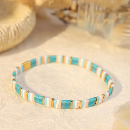 Tila Flat Beaded Stretch Bracelets for Women, Trendy Unique Handmade Stackable Green Blue Square Beads Miyuk Link Bracelet Summer Jewelry Gift - color: Turquoise Gold
