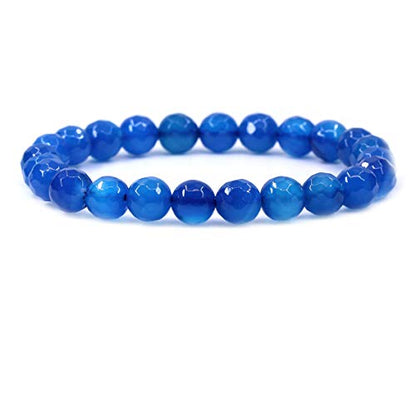 Amandastone Natural Gemstone 8mm Round Beads Stretch Bracelet 7 Inch - color: Faceted Blue Agate