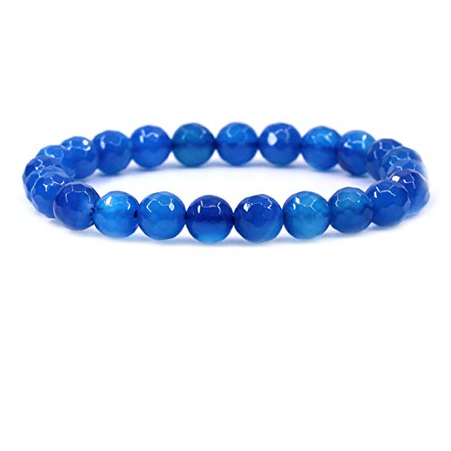 Amandastone Natural Gemstone 8mm Round Beads Stretch Bracelet 7 Inch - color: Faceted Blue Agate