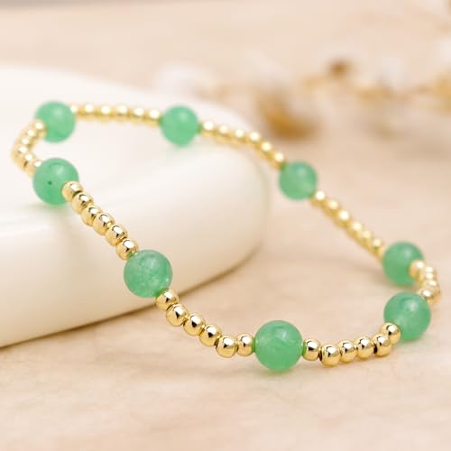 Gold Beaded Stack Bracelets for Women, Handmade Colorful Natural Beads Stackable Stretch Bracelet Everyday Fashion Jewelry Gift. - color: green gold