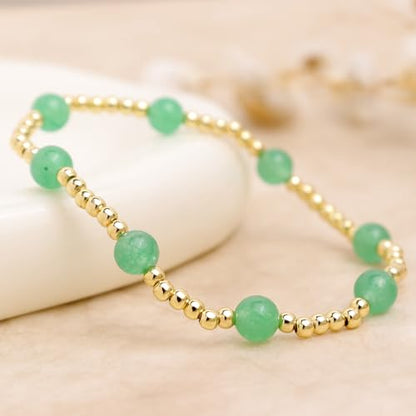 Gold Beaded Stack Bracelets for Women, Handmade Colorful Natural Beads Stackable Stretch Bracelet Everyday Fashion Jewelry Gift. - color: green gold