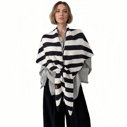 WaJuemy Pashmina Shawl Wraps for Women Cross Sweater Shawls and Wraps Cardigan Cape Front Poncho Knit Cashmere Sweater Shawl - color: 15 Black/White Stripe