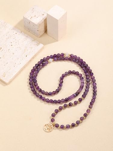 Top Plaza Amethyst Prayer Beads Bracelet Long Beaded Necklace Natural Gemstone 108 Mala Beads Tree Life Yoga Meditation Bracelet Necklace - color: Amethyst