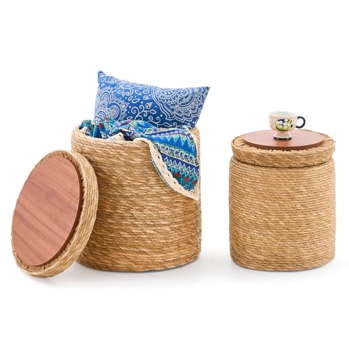 Round Pouf Ottomans, Handwoven Natural Water Hyacinth Seagrass Pouffe,Outdoor Rattan Stool Accent Seat, Bohemian Coastal Home Decor (Cattail Nested Set-Natural) - color: Cattail Nested Set-natural