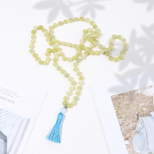8MM Beads Chakra Long Mala Necklace Natural Stone Meditation Statement Necklace Japa Yoga Buddhist Rosary Prayer Charm Beaded Tassel Necklace - color: Lemon Jade