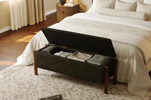 Modern Storage Benches with Walnut Wood Legs, 47'' Ottoman Bench with 20 Gallons Storage Space for Bedroom End of Bed, Fabric Upholstered Entryway Bench with Seating for Livingroom, Gray