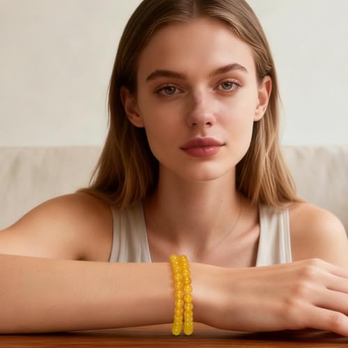 14in Agate Wrap Bracelet for Women Men Natural Round Beaded Agates Stone Healing Stretch Bracelets Elastic Handmade Polished Gemstone Beads Bracelet - color: Yellow Agate, size: 8mm Beads