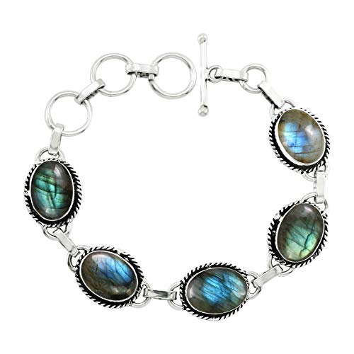 Oval Shape Natural & Synthetic Gemstones 925 Silver Plated Handmade Link Bracelets for Women - Birthstone Vintage Style Bohemian Adjustable Bracelet - Gifts for Wedding Anniversary Christmas - color: Labradorite