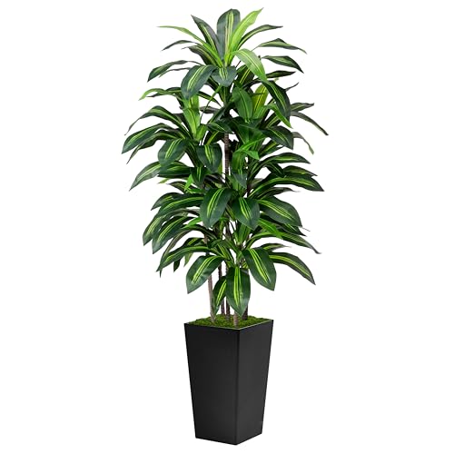Artificial Dracaena Tree 5FT - Fake Tree with Black Tall Planter - Faux Yucca Tall Fake Floor Plant in Pot - Artificial Plant for Home Office Living Room Decor Indoor - color: Black, size: 5ft