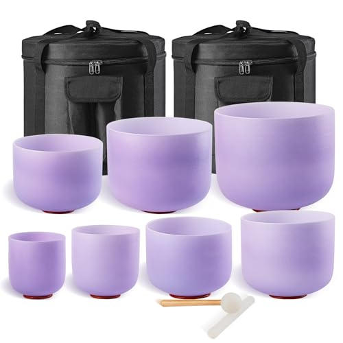 432HZ 6-12 Inch Purple Color Frosted Quartz Crystal Singing Bowls Chakra Set of 7 with Carry Case Bags for Sound Healing and Meditation - color: Purple, size: 6-12inch