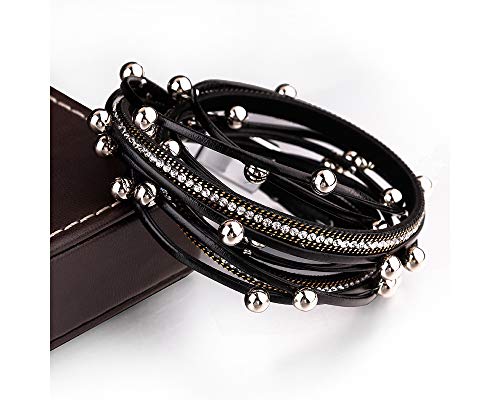 Fesciory Leather Wrap Bracelets for Women, Boho Leopard Multi-Layer Crystal Beads Cuff Bracelet Jewelry - color: A4:Black Beads(Double Wrap)