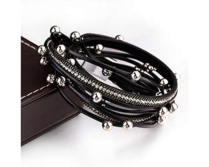 Fesciory Leather Wrap Bracelets for Women, Boho Leopard Multi-Layer Crystal Beads Cuff Bracelet Jewelry - color: A4:Black Beads(Double Wrap)