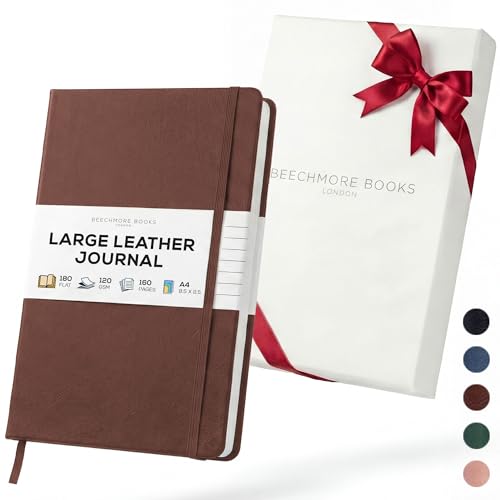 BEECHMORE BOOKS Large Lined Journal Notebook, 8.5" x 11.5" (A4) Hardcover Vegan Leather Executive Diary for Work, Thick 120gsm Paper, Lay-Flat Binding, Gift Box - color: Chestnut Brown, size: A4 - 8.5" x 11.5" Large