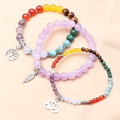 Tree of Life Yoga Healing Stone Bracelets,Multilayer Lotus Chakra Stone Reiki Bracelet Sets,Anxiety Crystal Natural Stone,for Women Stress Relief - style: Chakra+Purple jade