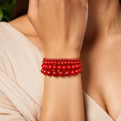 4pcs Beaded Bracelets for Women,Natural Healing Crystal Gemstones Bracelet,Anxiety Stress Relief Bracelet Handmade purple Jewelry Gifts for Women - color: Red agate