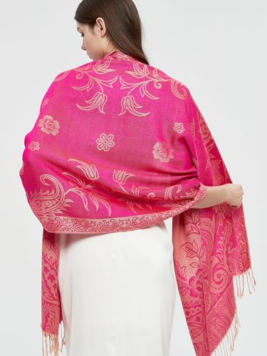 Pashmina Shawl Wrap with Ethnic Paisley Two Tone Jacquard Scarf for Women - color: Paisley-fuchsia
