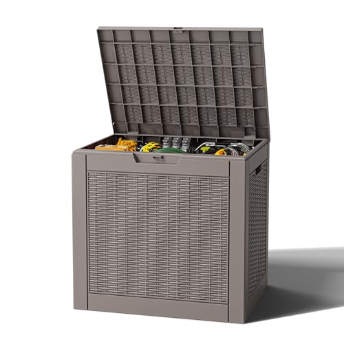 Outdoor Storage Box, Resin Deck Boxes Indoor and outdoor, Waterproof Storage Box Lockable Lid (Grey,32 Gallon) - color: Rattan Grey, style: 32 Gallon