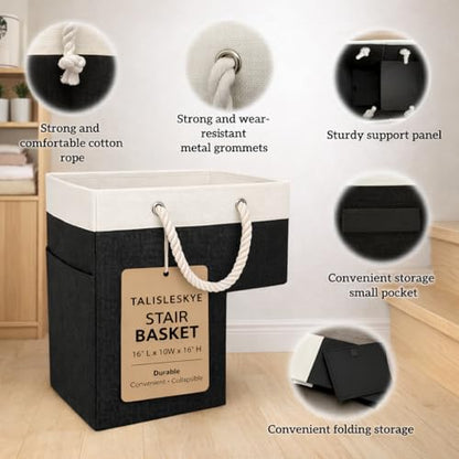 Stair basket,Foldable staircase baskets,Step stairs storage baskets with handle,1pcs black - color: black