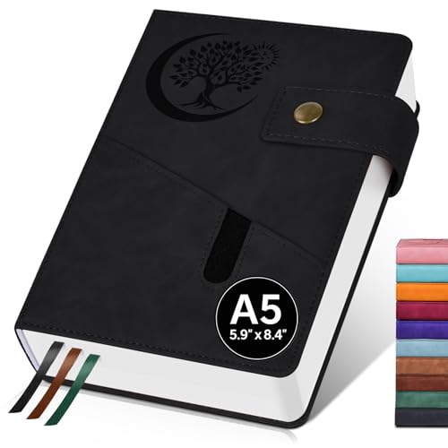 PAIBAS A5 Leather Lined Journal Notebook, 5.9"x8.4" 366 Pages 100GSM College Ruled Hardcover Diary with 3 Ribbon Bookmarks, Brass Snap & Front Pocket, Journals for Writing Work Travel Men Women - color: Black, size: A5 (5.9" x 8.4")