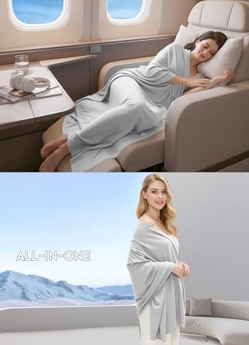 Women's Wool Blend Travel Scarf Lightweight Breathable Wrap Pashmina Airplane Blanket Shawl - color: Grey