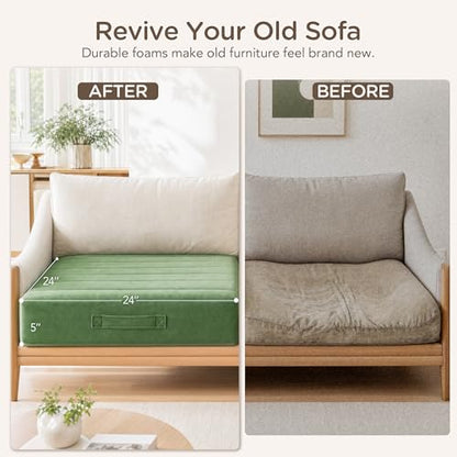 Codi Thick Replacement Couch Cushions 2 Sets, Upholstery Foam with Washable Covers for Sofa Cushion Chair Meditation - 24 × 24 × 5 Inch, High Density Foam, Green - color: Green, size: 24 Inch (Pack of 2)