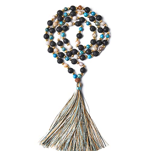 YGLINE Chakra 108 Mala Beads Bracelet Real Healing Gemstone Yoga Meditation Hand Knotted Mala Prayer Bead Necklace - color: Lava Stone