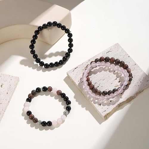 Fengling 4 PCS Beaded Crystal Bracelet for Women 8mm Natural Gemstones Handmade Bracelet for Girls Healing Stretch Bracelets Crystal Jewelry for Women Gifts - color: Pink Crystal&Black Thread Rhodochrosite &Pure Black obsidian