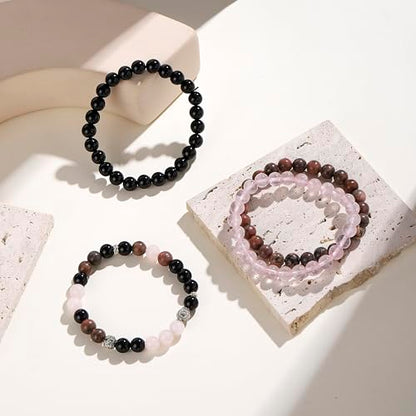 Fengling 4 PCS Beaded Crystal Bracelet for Women 8mm Natural Gemstones Handmade Bracelet for Girls Healing Stretch Bracelets Crystal Jewelry for Women Gifts - color: Pink Crystal&Black Thread Rhodochrosite &Pure Black obsidian