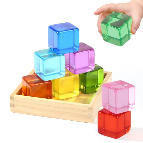 Woodtoe Large Building Blocks for Toddlers, Montessori Toys for 1 2 3 Year Old Boy Girl, No Choking Hazard Toys for Age 2-4 Kids Baby, Rainbow Acrylic Block Set, Sensory Birthday Toy Gifts for Kid - style: 9 PCS Large Acrylic Blocks Set