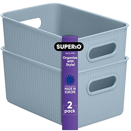 Superio Ribbed Collection - Decorative Plastic Basket Open Home Storage Bins Organizer, Medium Blue (2 Pack) Container Boxes for Organizing Closet Storage Bins for Shelves Drawer Shelf 5 Liter - size: 2 Pack, style: Bin - Medium (5 Liter)