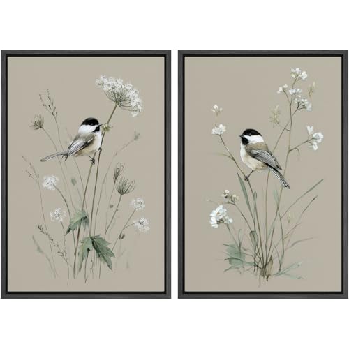 SIGNWIN Framed Canvas Print Wall Art Set Delicate Chickadee Birds with Wildflowers Botanical Nature Illustrations Minimal Decorative Zen for Living Room, Bedroom, Office - 16"x24"x2 Black - color: B16-2603-irs10, size: 16"x24"x2 Panels Black