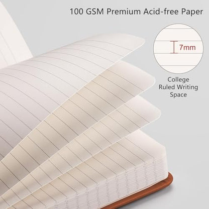 RETTACY Lined Journal Notebook, 192 Numbered Pages, A5 Medium Size (5.7'' x 8.3''), for Men & Women, Journaling, Writing, Work & Office, Leather Hardcover, 100 GSM Thick Paper (Brown)