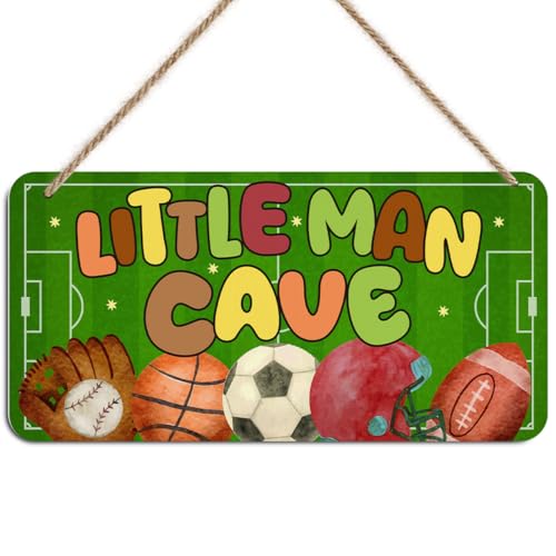 Little Man Cave Sign for Boys Wooden Door Sign Sports Decor for Boys Bedroom Wall Decor Nursery Baby Room Decor Rustic Wooden Hanging Sign Wall Hanging Toddler Boy Room Decor Playoom Decor for Boys - color: Multi0460