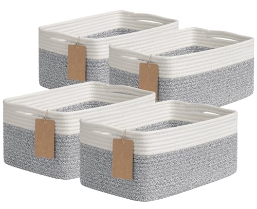 Goodpick 4 Pack Storage Baskets for Shelves, Rectangle Woven Baskets for Organizing, Decorative Closet Bins with Handles, Shelf Basket for Baby Toy Storage, 13''L x 8''W x 6''H, Gray & White - color: Grey & White