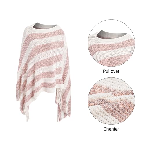MissShorthair Knit Shawl Wraps for Women Boho Crochet Shawls Cape Open Front Cardigan - color: Beige Pink Striped
