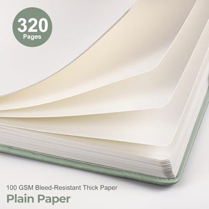 EMSHOI A5 Notebook Blank Journal - 320 Pages, 100gsm Thick Paper, Hardcover Leather, Art Sketchbook for Drawing, Unlined, Plain Sketch Book for Women Men Work Writing, 14.5 x 21cm, Light Green