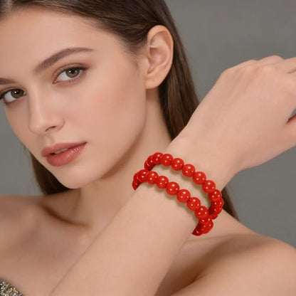 14in Agate Wrap Bracelet for Women Men Natural Round Beaded Agates Stone Healing Stretch Bracelets Elastic Handmade Polished Gemstone Beads Bracelet - color: Red Agate, size: 8mm Beads