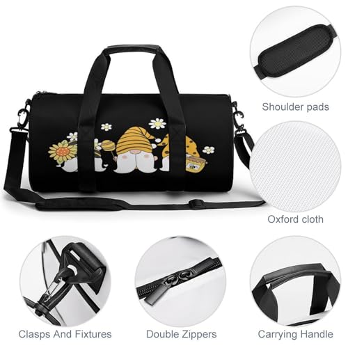 Sunflower Bee Cute Cartoon Gnome Black Cylindrical Portable Fitness Bag, Large Capacity Handbag - color: Sunflower Bee Cute Cartoon Gnome Black
