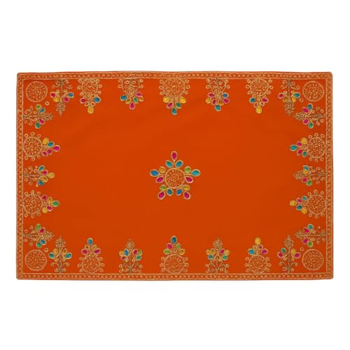 Handcrafted Velvet Puja Chowki Aasan Cloth with Rich Golden Zari Embroidery, Traditional Indian Decorative Pooja Altar Cover for Home Mandir, Temple Décor - 11x18 Inch (Orange) - color: Orange