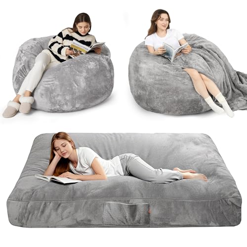 YEFU Bean Bag Chair for Adults: 4-in-1 Convertible Giant Bean Bag Bed, Overstuffed Memory Foam Floor Couch with Two Machine Washable Covers, Large Chair Bed for Living Room Bedroom, Full Grey - size: Full