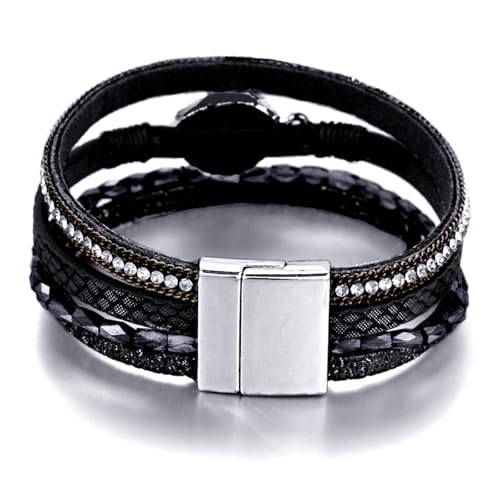 Fesciory Leopard Bracelet for Women, Boho Leather Wrap Multi-Layer Pearl Crystal Bracelet Bangle Jewelry - style: Black Stone(Short)
