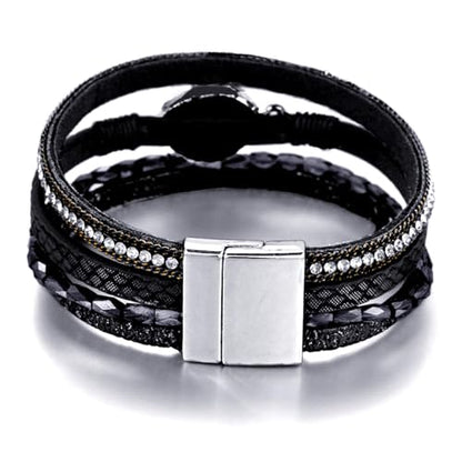 Fesciory Leopard Bracelet for Women, Boho Leather Wrap Multi-Layer Pearl Crystal Bracelet Bangle Jewelry - style: Black Stone(Short)