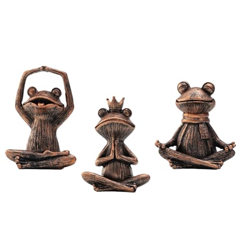 Meditating Yoga Frog Gifts for Women - Set of 3 Resin Zen Garden Statues, Cute Rustic Animal Figurines for Home Office Shelf Room Decor, Peaceful Relaxation Decor Gift for Mom & Yoga Lovers - color: Bronze