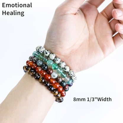 8mm Natural Stone Gemstone Beaded Bracelets, Multicolor Crystal Stretch Bracelets, 7 Inch Elastic Adjustable, Unisex