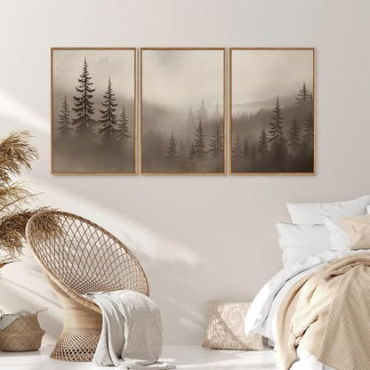 KYLESONLIE Misty Forest Framed Canvas Wall Art Set, Foggy Pine Tree Woodland Wall Decor, Calming Nature Zen Art Paintings, Minimalist Wood Landscape Artwork for Bedroom Living Room Office 16"x24"x3