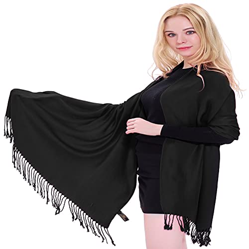 CJ Apparel Solid Color Tassels Design Nepalese Shawl Scarf Wrap Stole Throw Head Wrap Pashmina Gift Hand Made in Nepal New - color: Black