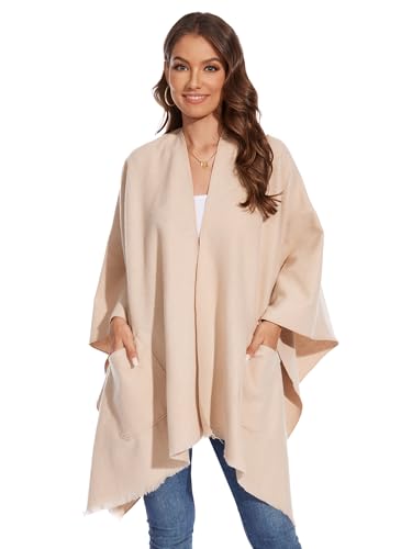 Shawl Wraps for Women, Elegant Knitted Cape Open Front Poncho Scarf Blanket Cardigan Coat for Autumn and Winter - color: Beige